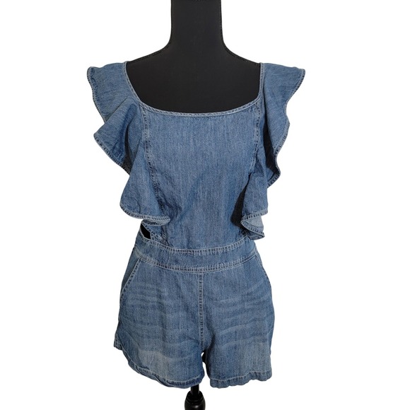 DO+BE Pants - Blue Denim Ruffle Lace Up Back Cut Out Romper Small Wash Boho Festival